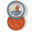 Petrossian salmon roe container with blue lid on a white background
